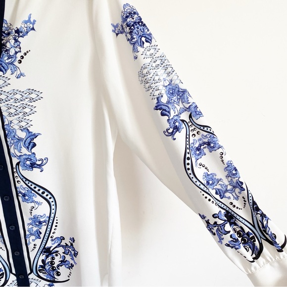 Soft Surroundings Paisley Blue Floral Notched Flat Collar Button Up Tunic Top S - Picture 4 of 6